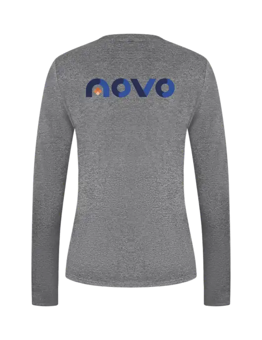 Womens  V-Neck Ring Spun Grey Heather 4.5 oz Long Sleeve T-Shirt w/Novo Logistics Logo, Novo Icon