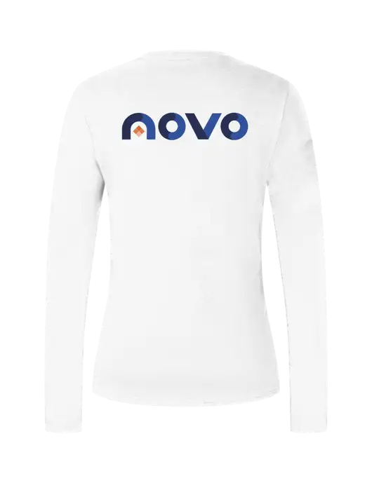Womens  V-Neck Ring Spun White 4.5 oz Long Sleeve T-Shirt w/Novo Logistics Logo, Novo Icon