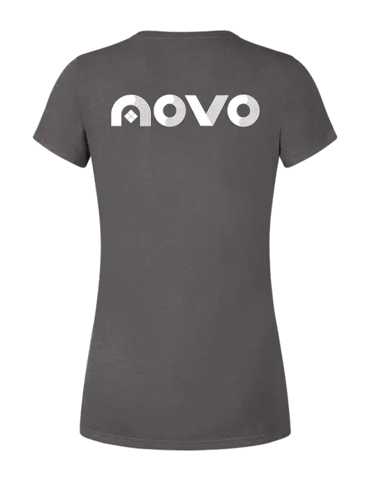 Womens Simply Soft V-Neck Heather Charcoal 4.5oz  Poly/Combed Ring Spun Cotton T-Shirt w/Novo Logistics Logo, Novo Icon