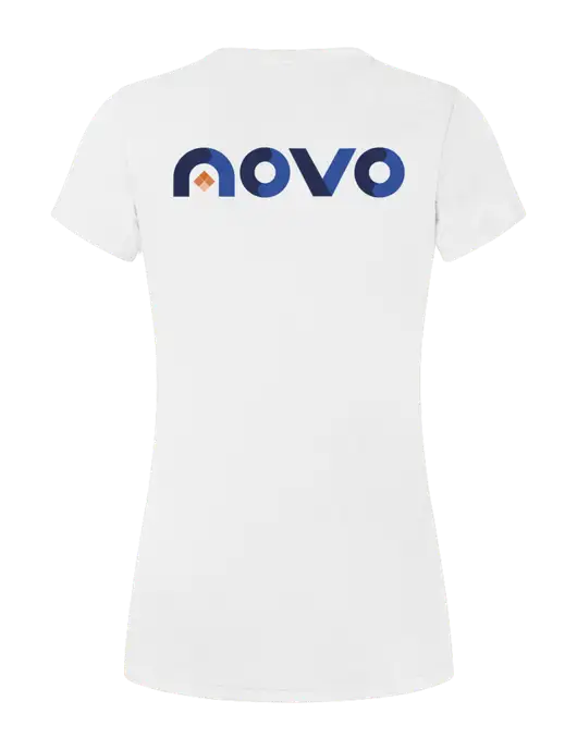 Womens Simply Soft V-Neck White 4.5oz  Poly/Combed Ring Spun Cotton T-Shirt w/Novo Logistics Logo, Novo Icon