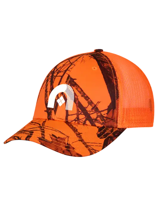 Blaze/Neon Orange Mossy Oak Camo Mesh Trucker Cap Snap Back w/Novo Icon