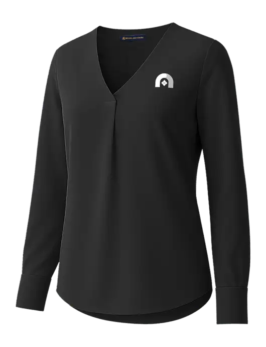 Brooks Brothers Womens Black Open-Neck Satin Blouse  w/Novo Icon