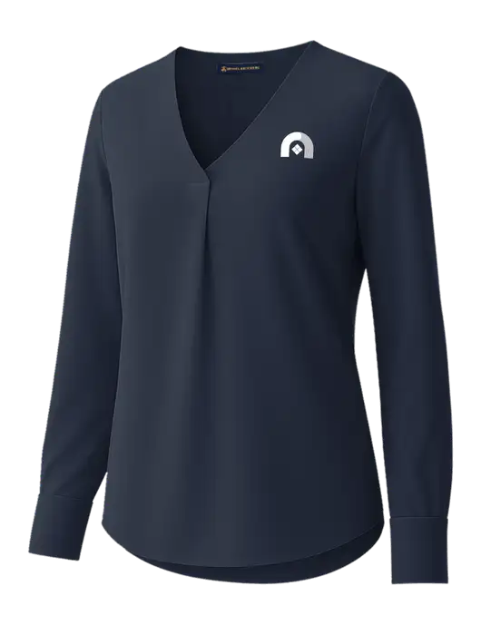 Brooks Brothers Womens Dark Navy Open-Neck Satin Blouse  w/Novo Icon