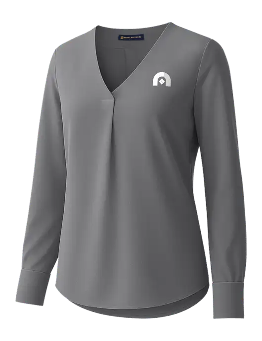 Brooks Brothers Womens Medium Grey Open-Neck Satin Blouse  w/Novo Icon