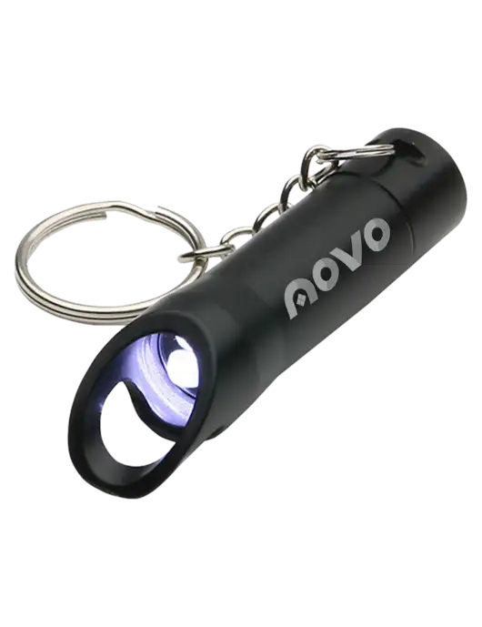 Black Pocket LED Flashlight with Bottle Opener & Keychain w/Novo Logistics Logo