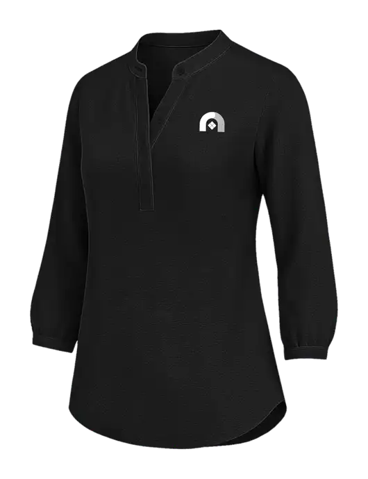 Womens Three Quarter-Sleeve Textured Black Crepe Tunic w/Novo Icon