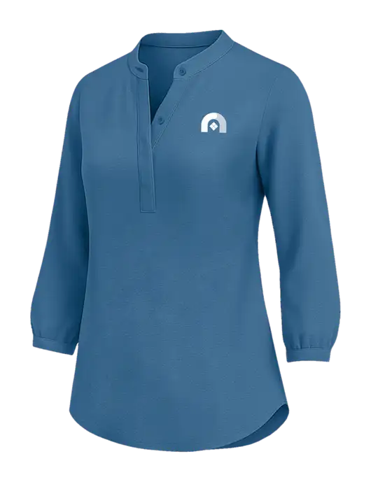 Womens Three Quarter-Sleeve Textured Light Navy Crepe Tunic w/Novo Icon